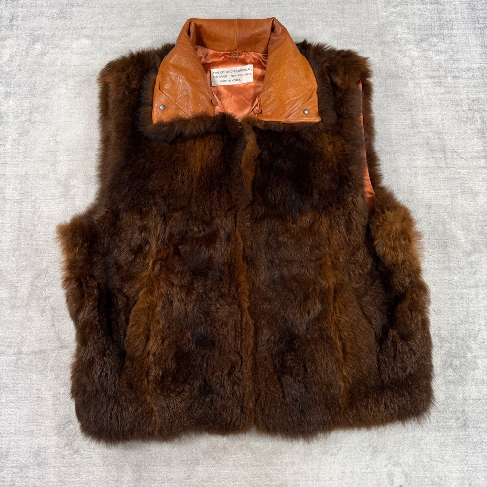 Vintage Fur Vest Women Medium Brown Leather Collar Mob Wife Opossum Boho Luxe